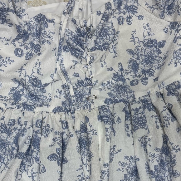 CIDER Blue Toile Floral Puff Sleeve Mini Dress - Picture 4 of 10